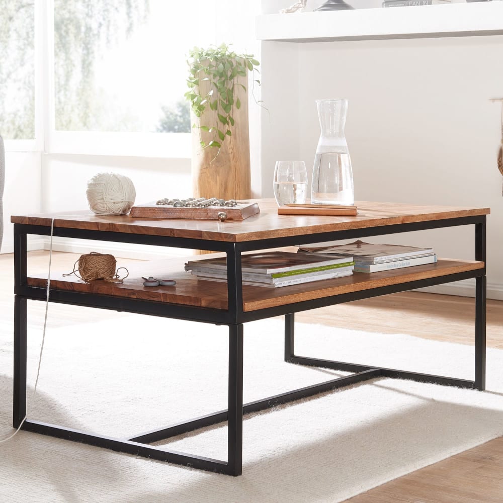 Couchtisch rechteckig mit Ablage aus Akazie Massivholz, Braun -