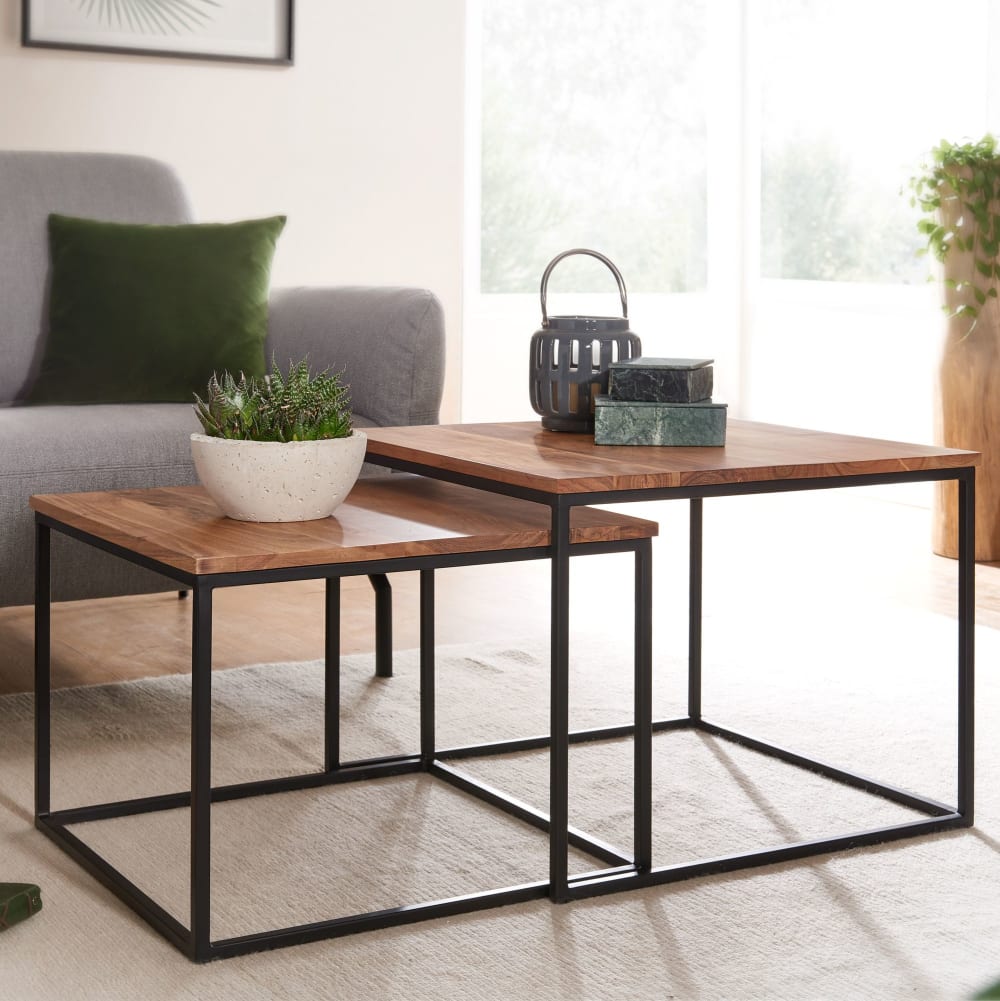 2er Set Satztische aus Akazie Massivholz, Braun - Maisons Du