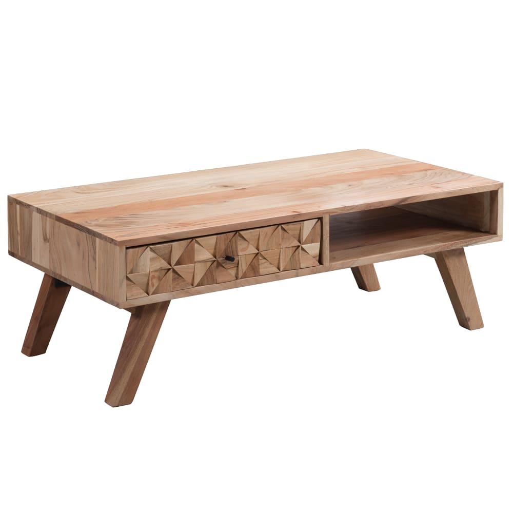 FineBuy Couchtisch mit Schublade aus Akazienholz, Braun style modern Braun
