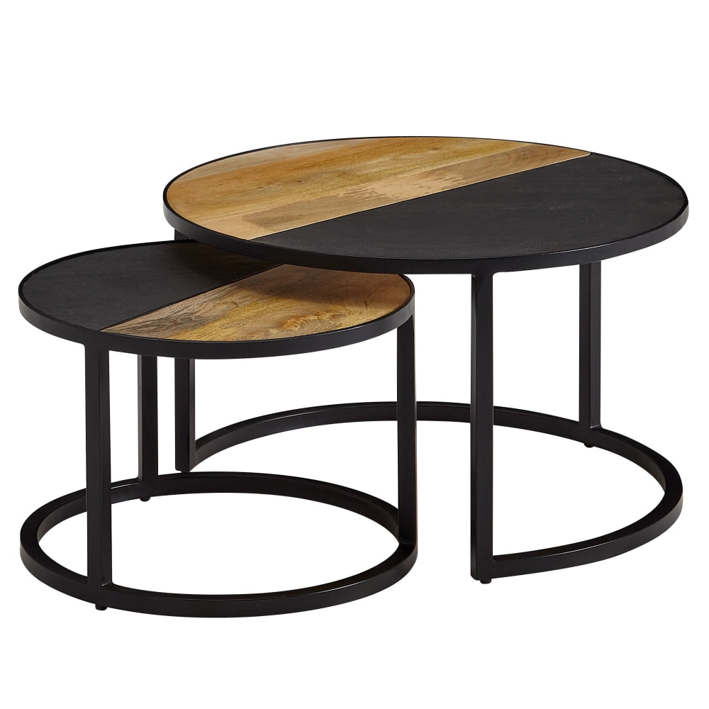 Lot de 2 tables gigognes rondes effet pierre en manguier, marron