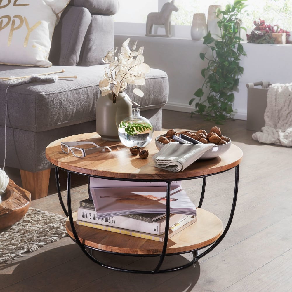 Couchtisch mit Ablage rund aus Akazie Massivholz, Braun - Maisons