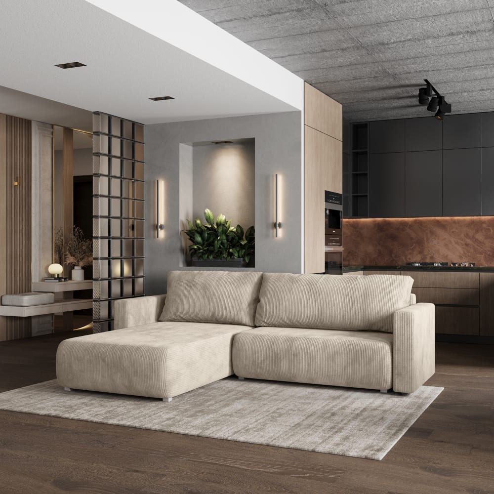 Ecksofa mit Schlaffunktion aus Kordstoff, Creme - Maisons Du