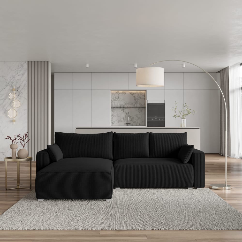 Ecksofa mit Schlaffunktion aus Kordstoff, Schwarz - Maisons Du