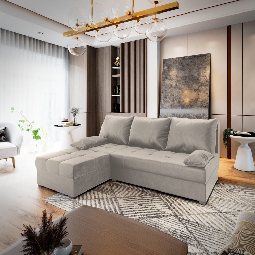 Ecksofa mit Schlaffunktion aus Plüsch-Stoff, Beige - Maisons Du