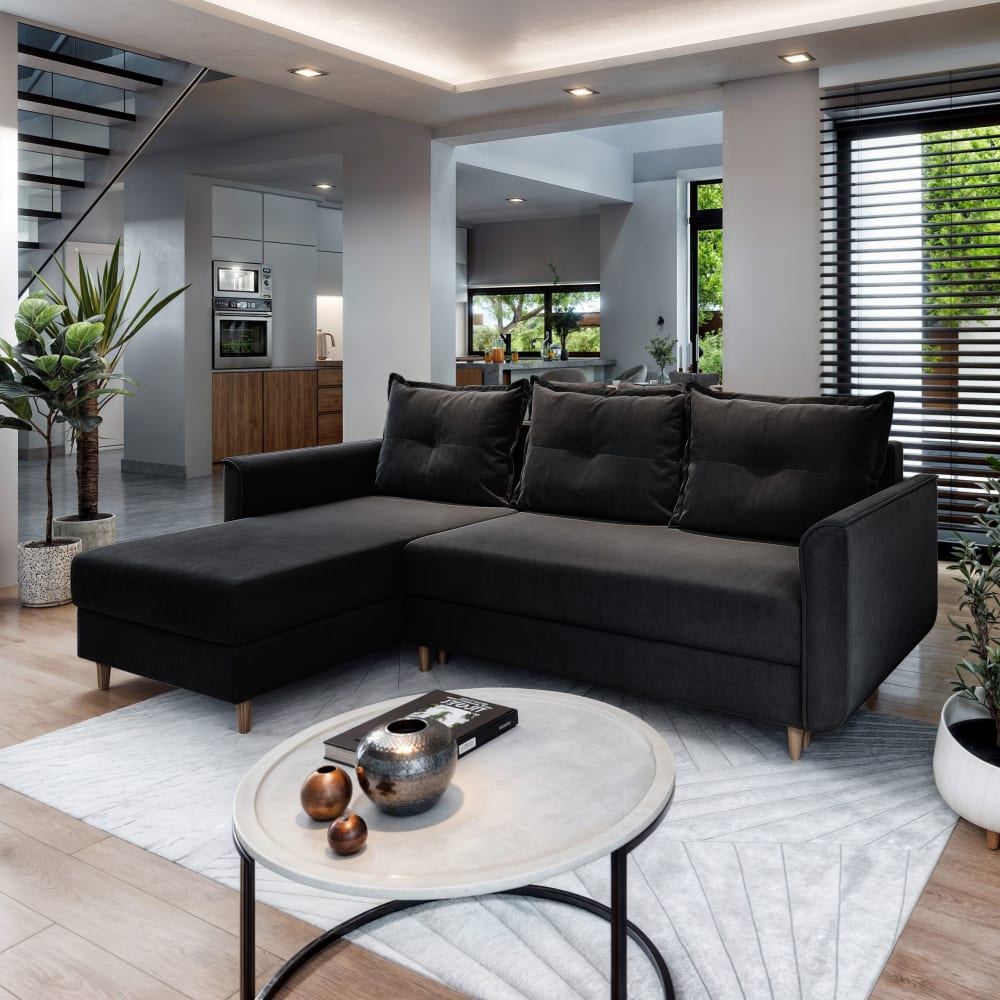 Ecksofa mit Schlaffunktion aus Plüsch-Stoff, Schwarz - Maisons Du