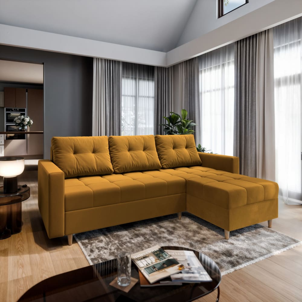 Ecksofa mit Schlaffunktion aus Plüsch-Stoff, Gelb - Maisons Du