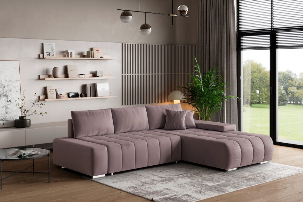 Ecksofa mit Schlaffunktion aus Velours-Stoff, Lila - Maisons Du