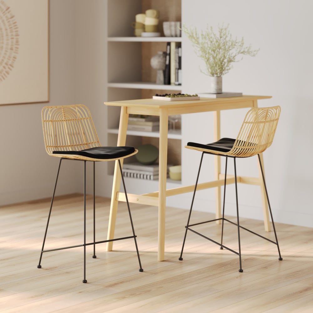 2er Set Stühle für Kücheninsel 66 cm aus Rattan und Schwarz -