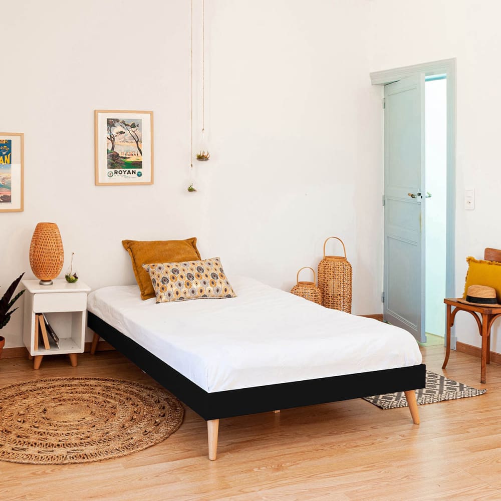 Pack lit 2 places avec pieds et matelas bois massif noir 120x190 cm - Maisons du Monde