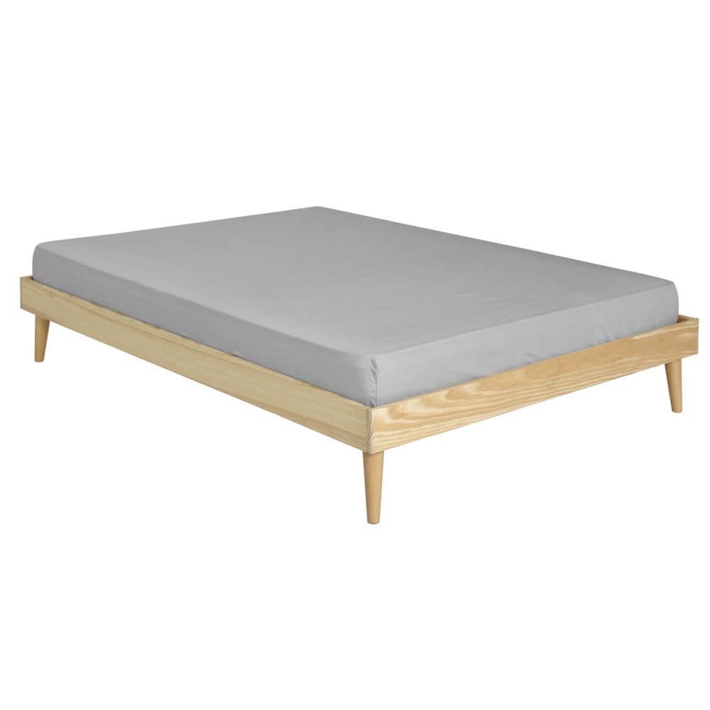 Pack lit 2 places avec pieds et matelas bois massif 140x190 cm