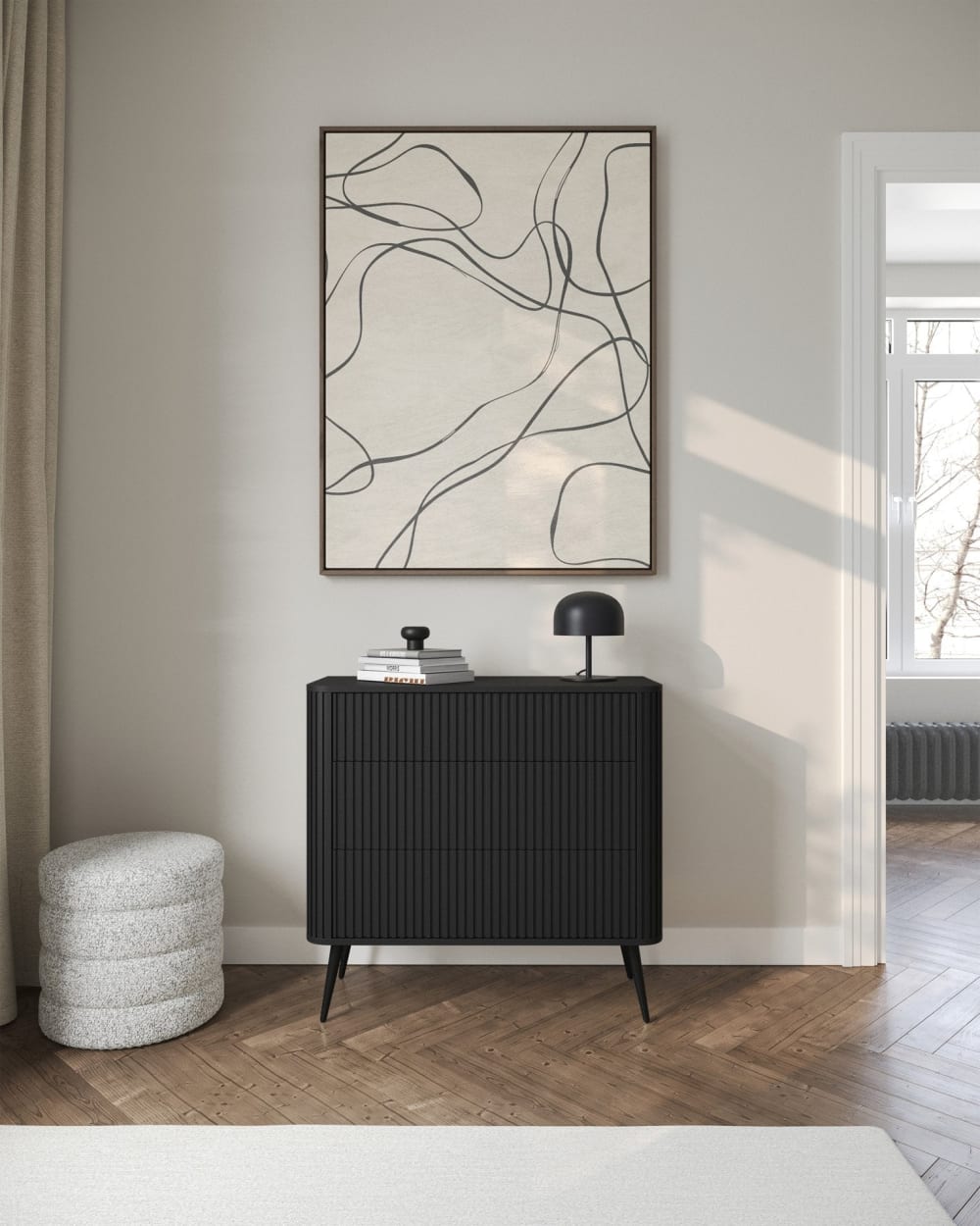 Kommode mit 3 Schubladen, schwarz mit Metallbeinen, 93 cm -