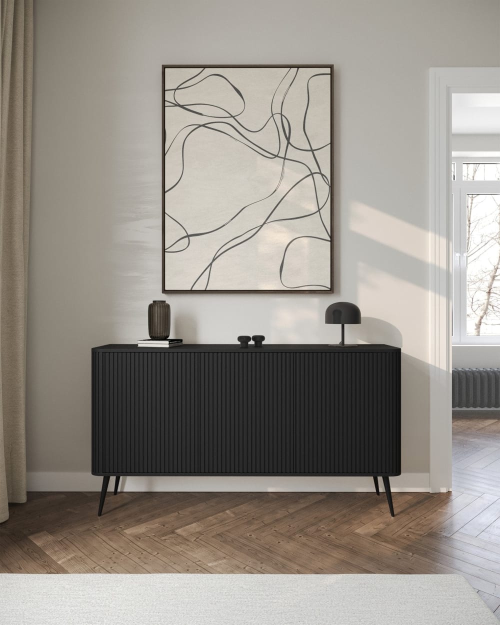 Sideboard, schwarz mit schwarzen Metallbeinen, 163 cm - Maisons