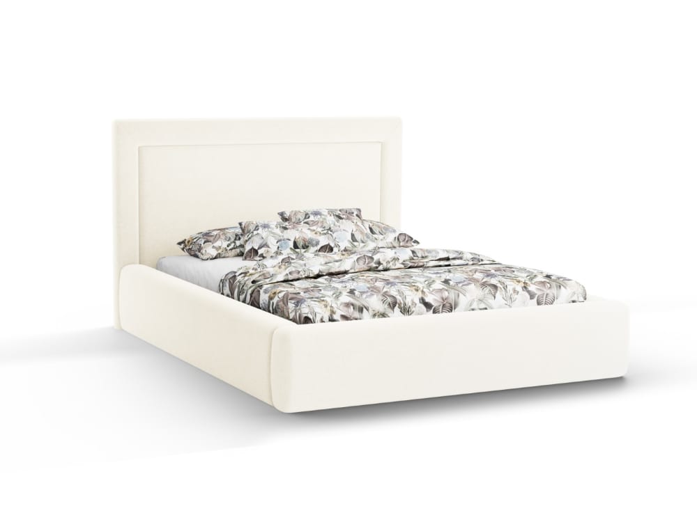 Lit coffre avec tête de lit 160x200cm en tissu chenille ivoire