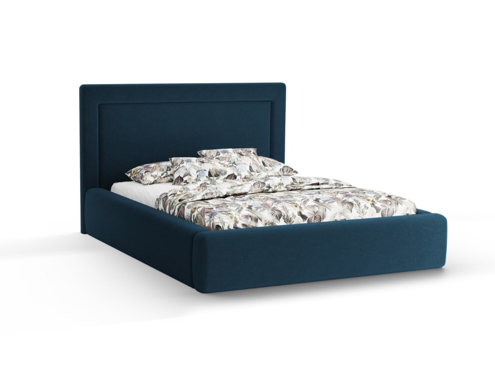 Lit coffre avec tête de lit 200x200cm en tissu chenille bleu marine