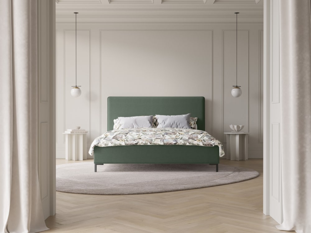 Lit coffre avec tête de lit 140x200cm en tissu chenille vert mousse