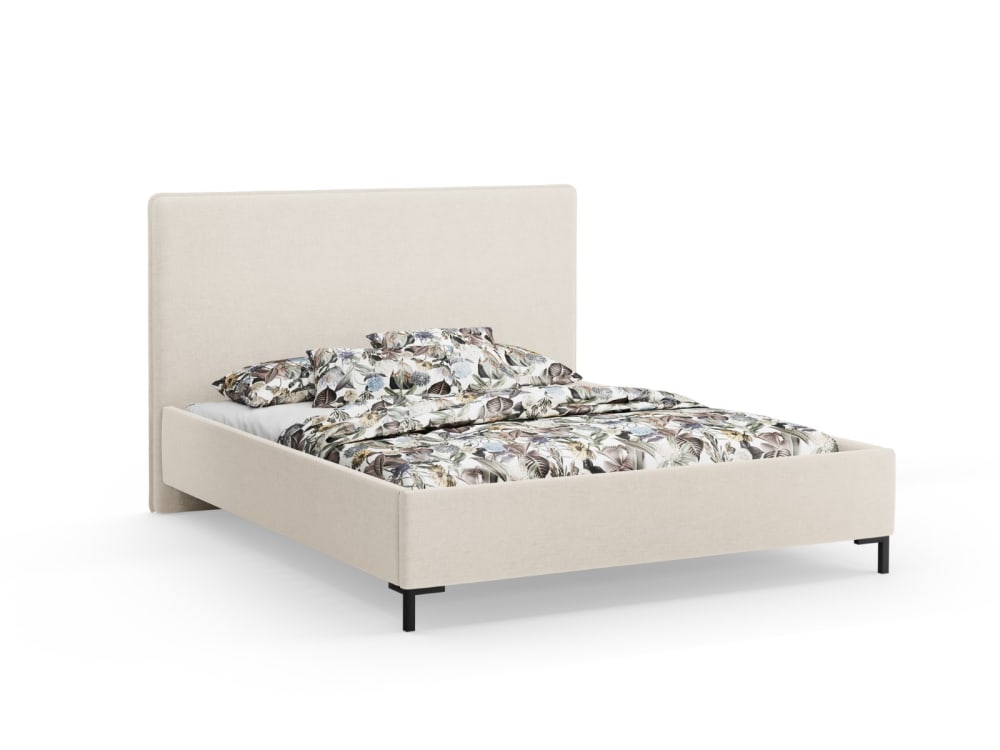 Lit coffre avec tête de lit 180x200cm en tissu chenille beige clair