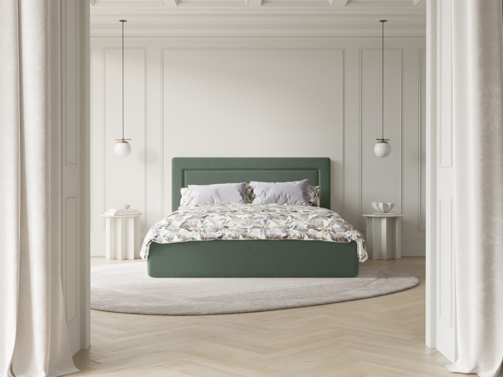 Lit coffre avec tête de lit 200x200cm en tissu chenille vert mousse
