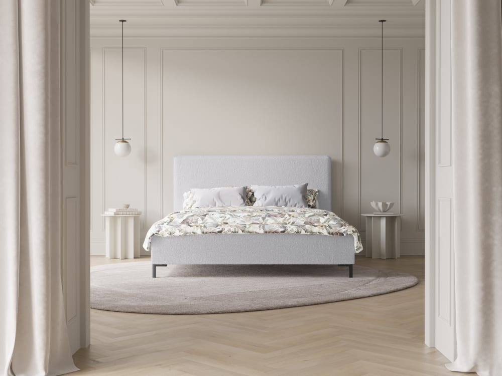 Lit coffre avec tête de lit 160x200cm bouclé gris clair