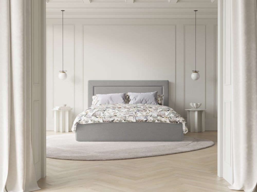 Lit coffre avec tête de lit 160x200cm en tissu chenille gris