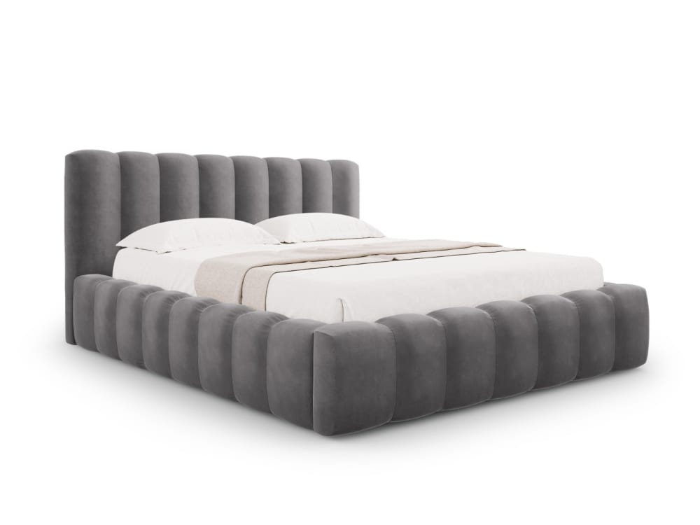 Lit coffre avec tête de lit 180x200cm en velours gris