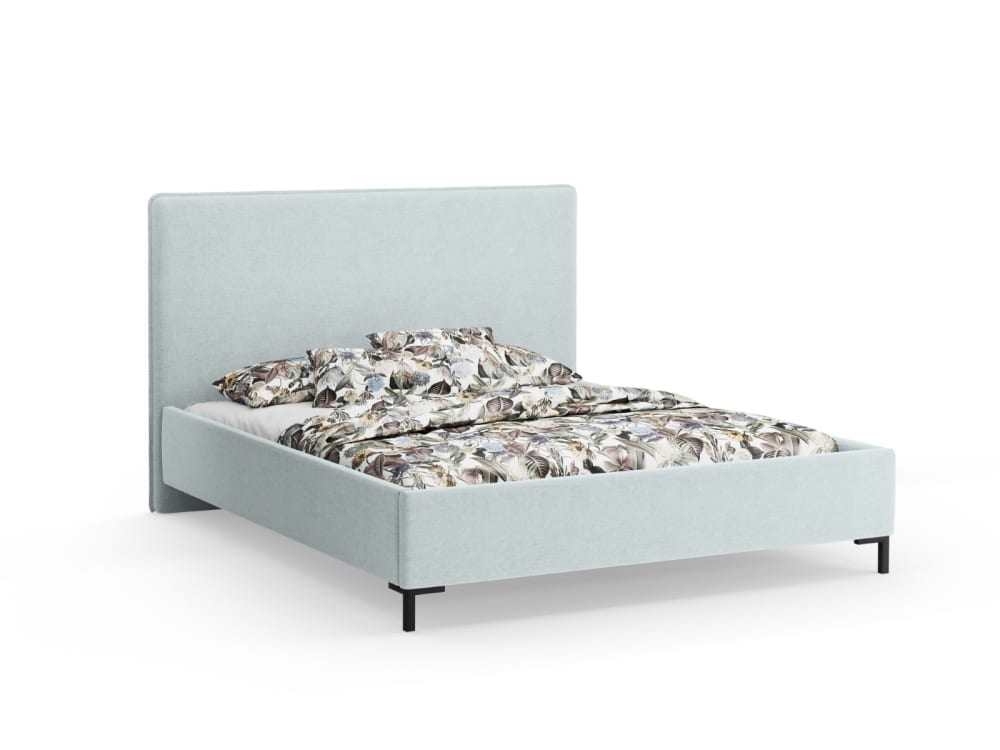 Lit coffre avec tête de lit 180x200cm en tissu chenille bleu satiné