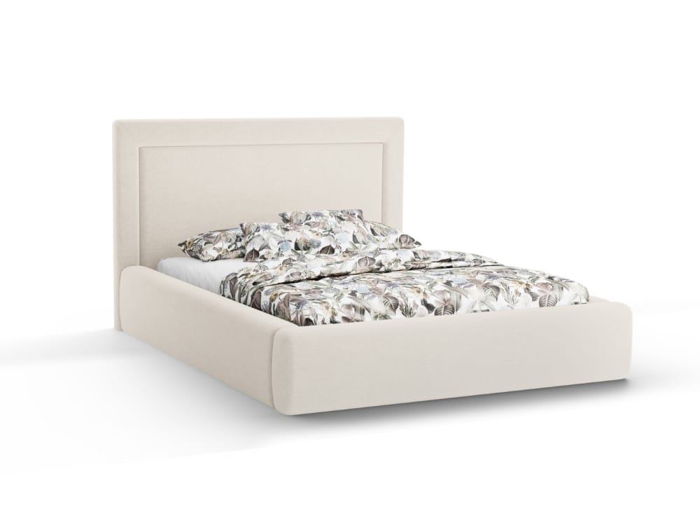 Lit coffre avec tête de lit 160x200cm en tissu chenille beige clair