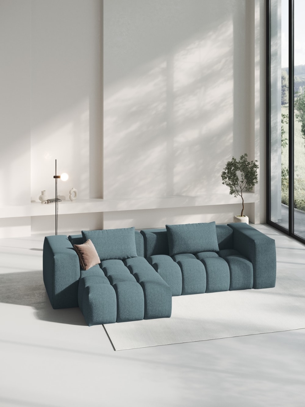 Canapé d'angle gauche modulable 3 places tissu structurel bleu clair - Maisons du Monde