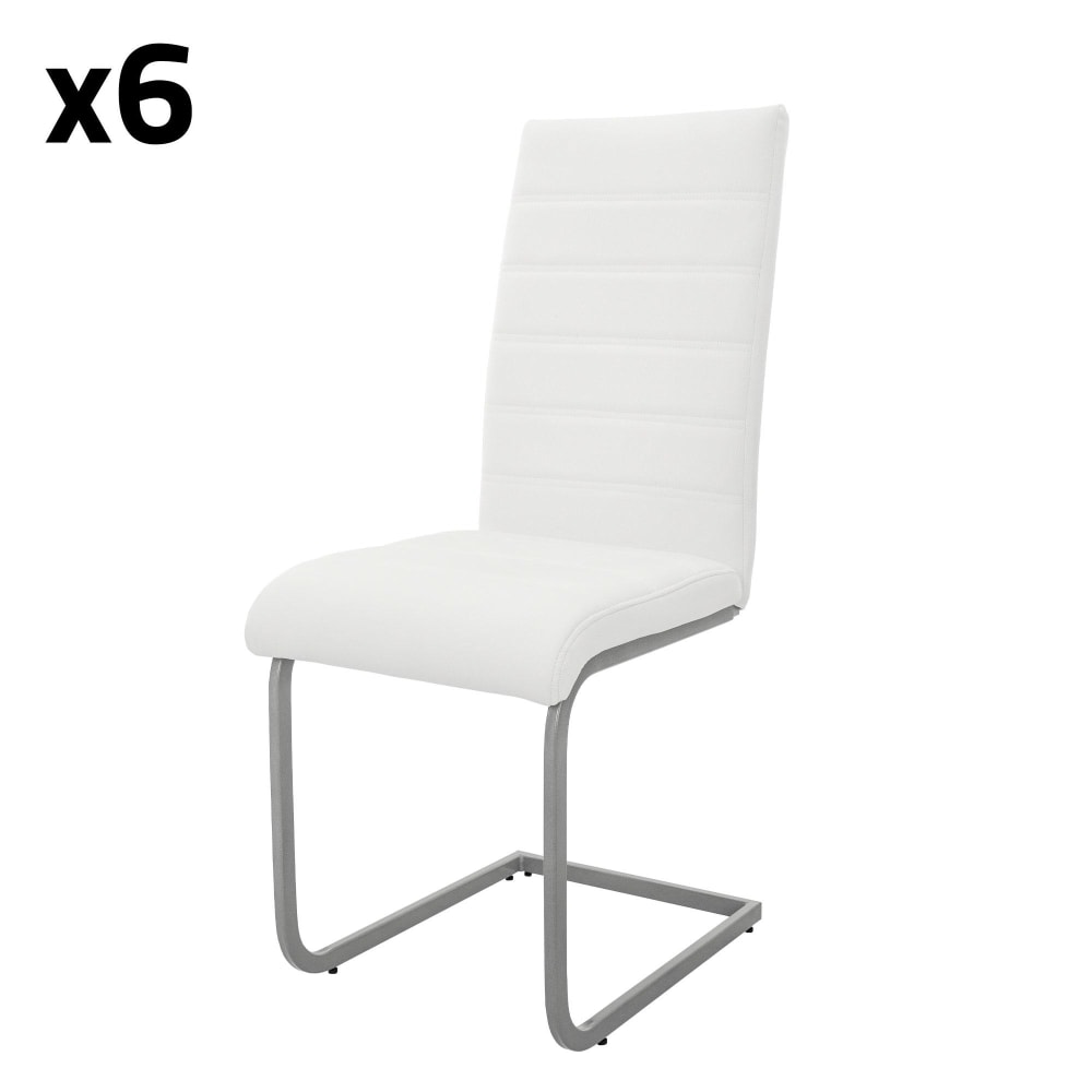 ML-Design Freischwinger 6er Set Metallgestell Sitz aus Kunstleder Weiß Weiß Webpelz