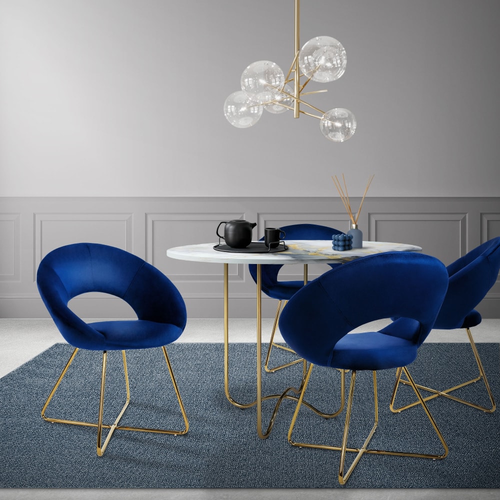Esszimmerstühle 4er Set, Blau, Samt, goldene Beine, ergonomisch -