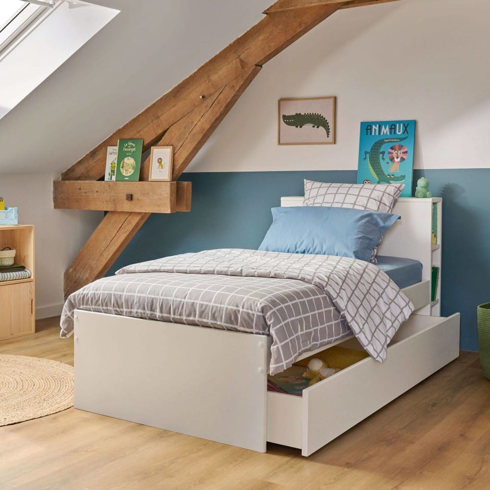 Lit rangement effet bois blanc et tiroir bois 90 x 190 cm (CAMIF) - Image 1