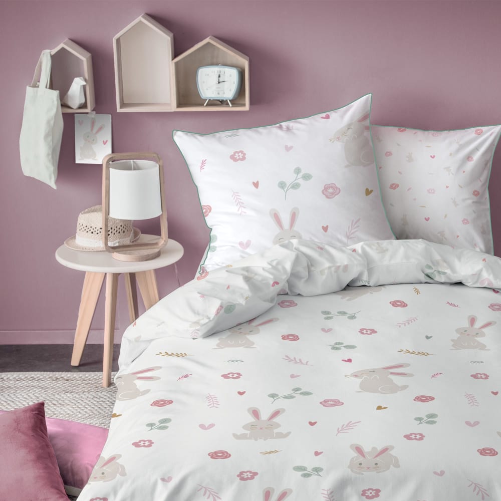 Parure de lit imprimée en coton Blanc 140x200+63x63cm