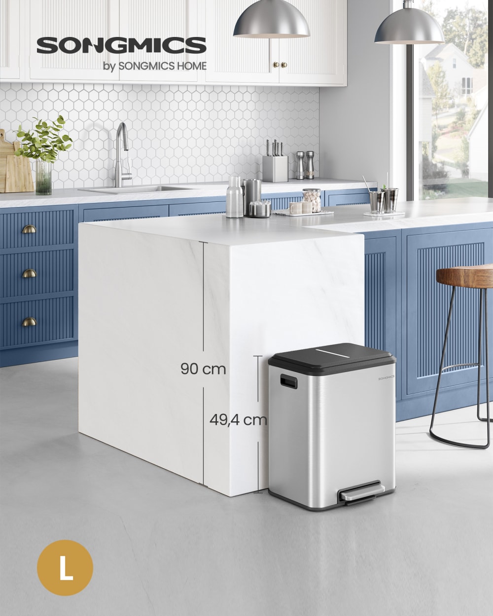 SONGMICS Poubelle de cuisine tri sélectif 30 l 2 x 15 l 41.7 x 33.2 x 49.4 cm style contemporain Argenté Acier
