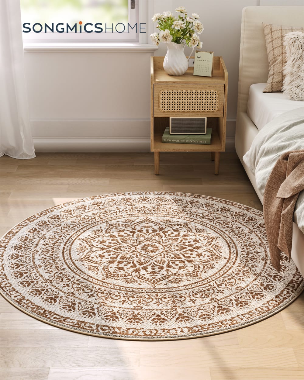 SONGMICS HOME Tapis rond de 120 cm de diamètre style bohème beige cappuccino style vintage - Pes - Polyester