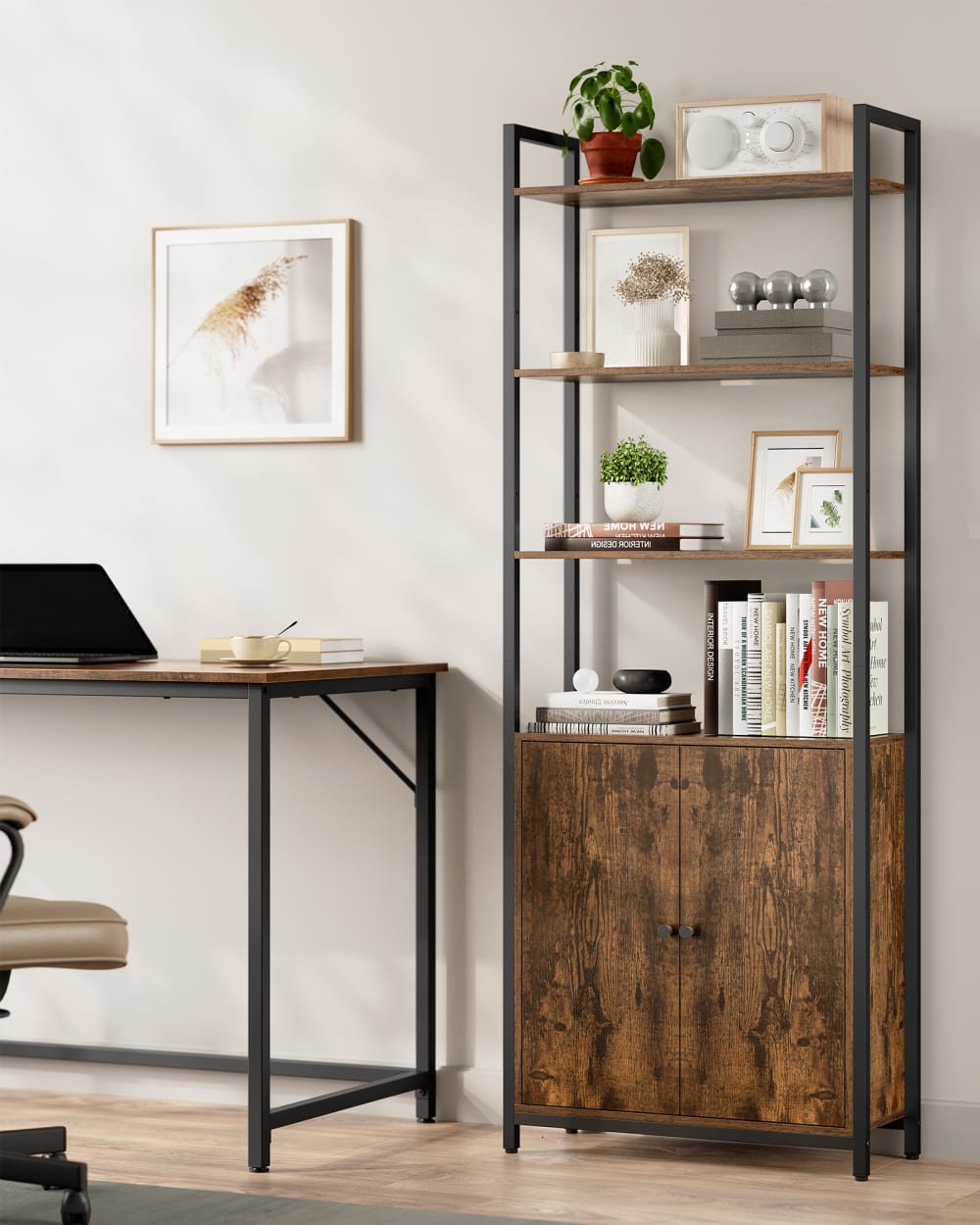 Bibliothèque haute avec portes 60 x 24 x 159.5 cm marron et noir - Maisons du Monde