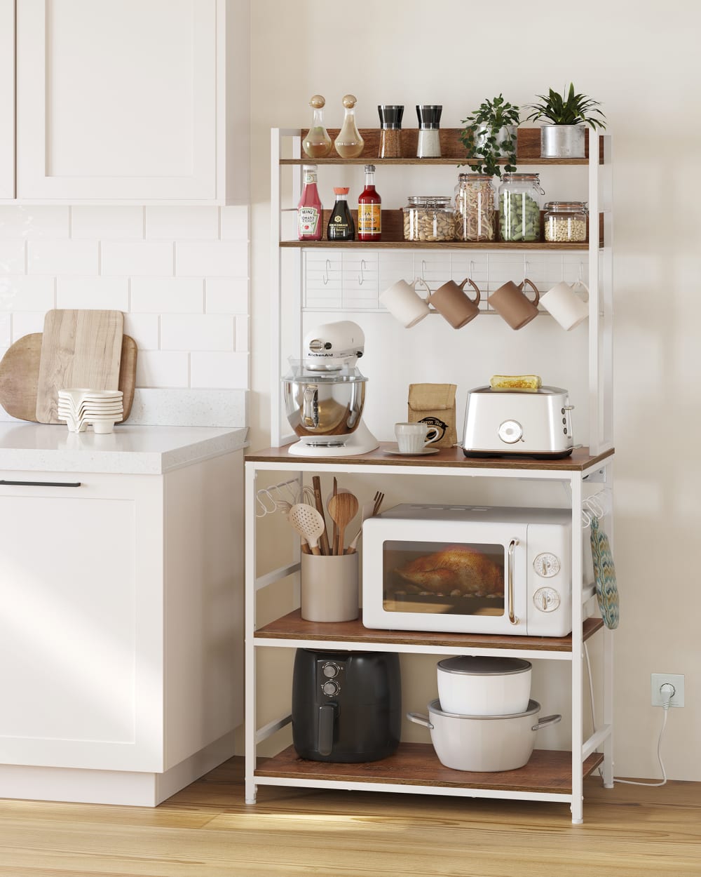 Étagère de cuisine avec multiprise effet bois marron rustique et blanc