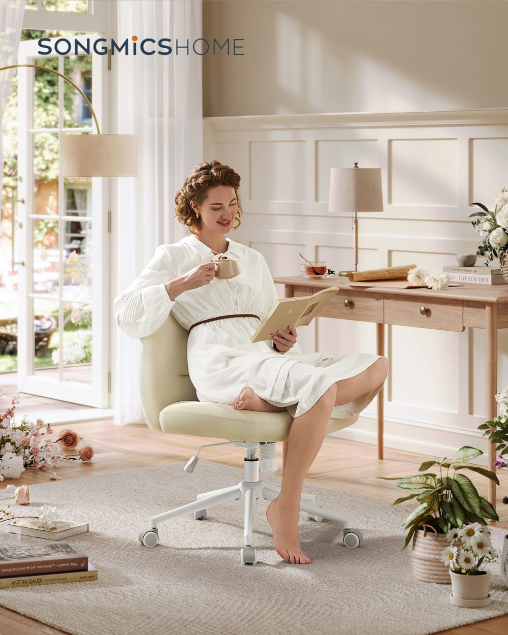 Chaise de bureau siège pivotant tissu coton-lin blanc crème