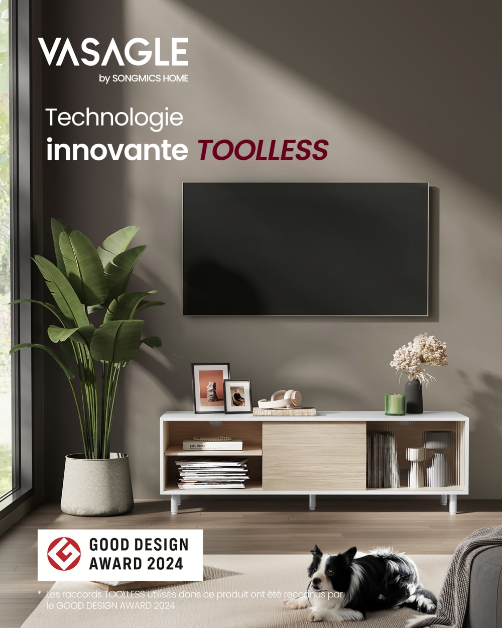 Meuble tv jusqu'à 60 verre cannelé blanc nuage beige naturel''