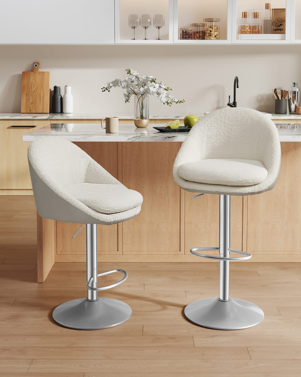 Tabouret de bar lot de 2 pivotant à 360° acier blanc crème