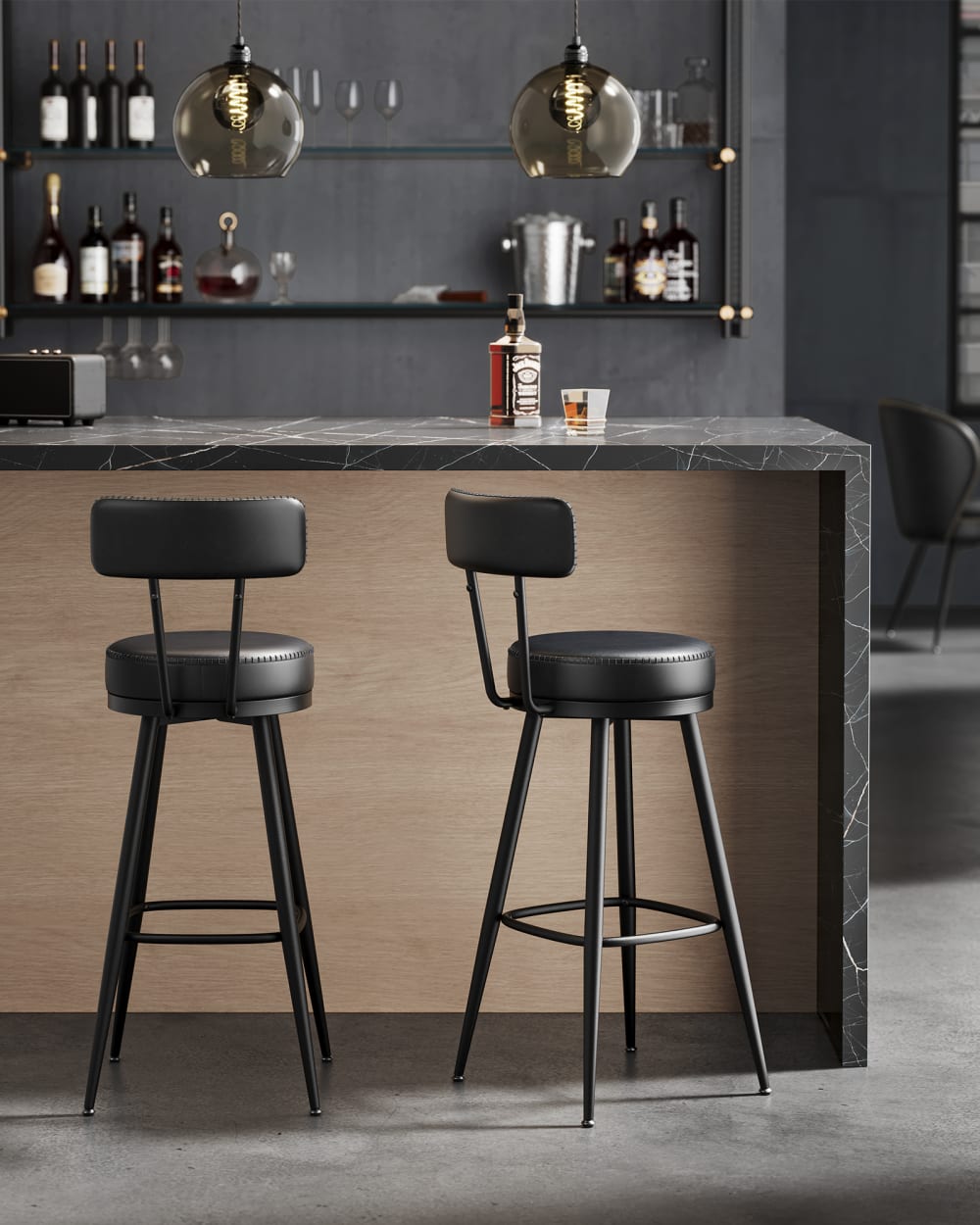Ensembles de 4 tabourets de bar pivotants avec dossier noir
