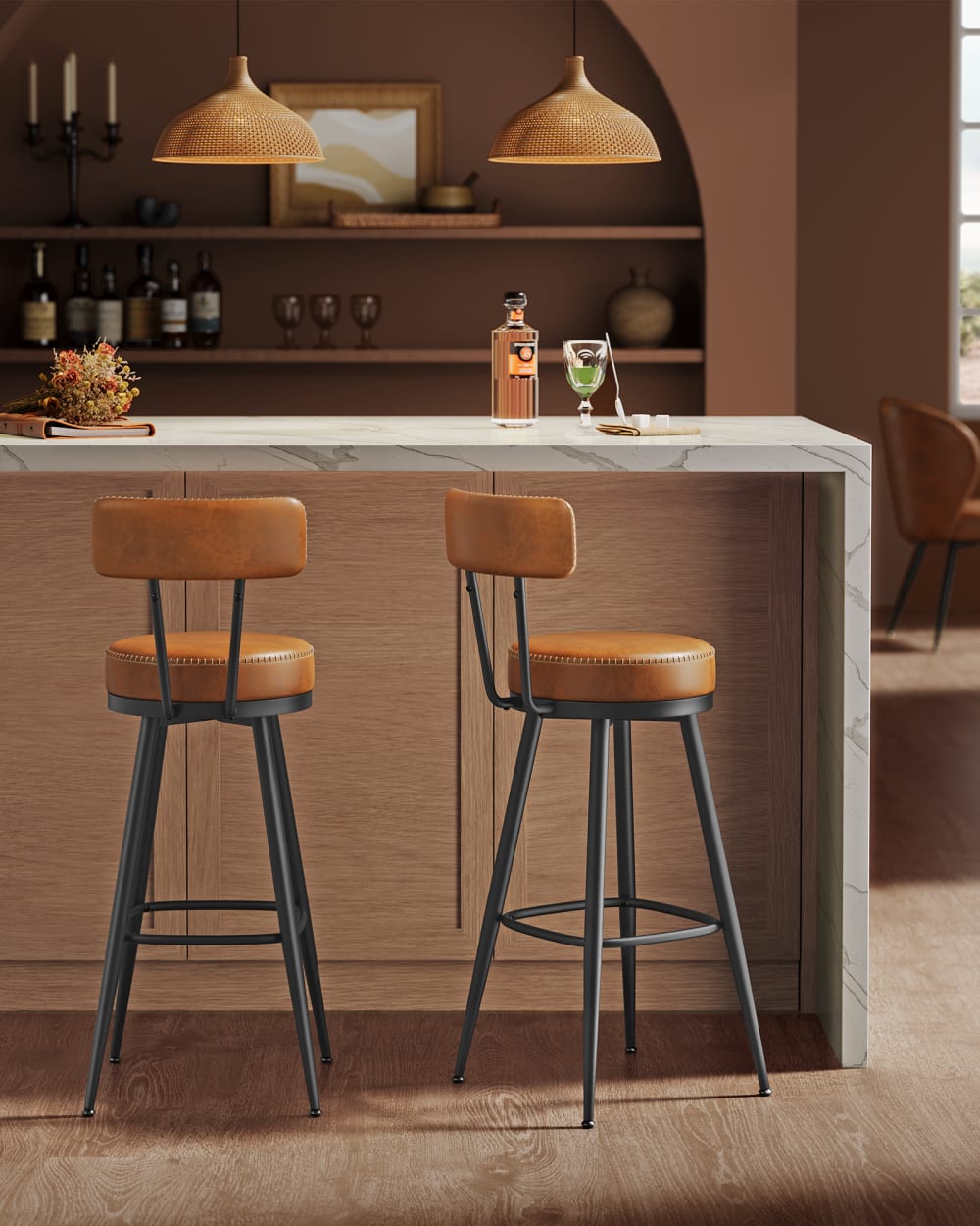 Ensembles de 4 tabourets de bar pivotants caramel marron