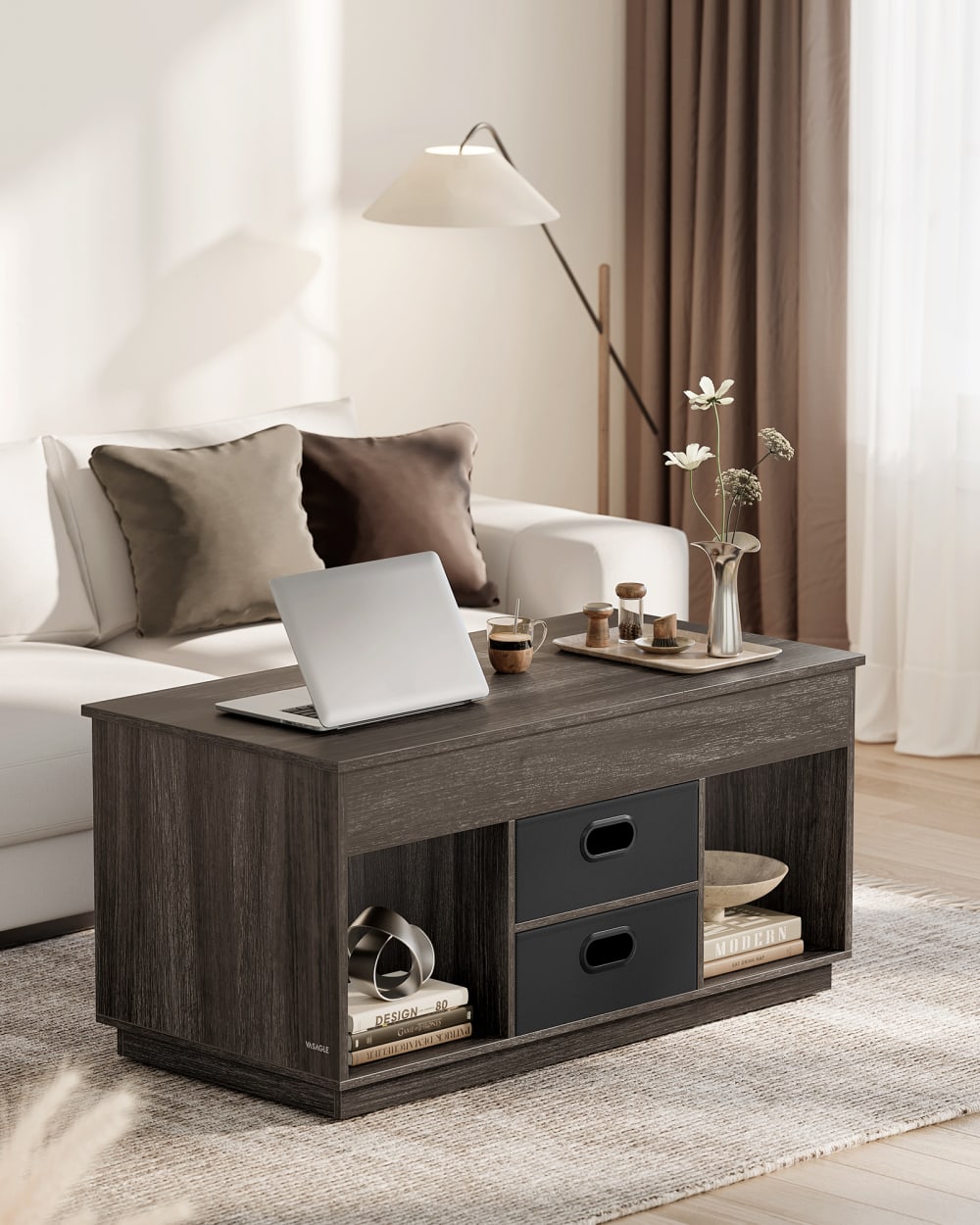 Table basse 2 tiroirs compartiments cachés et ouverts marron cendré