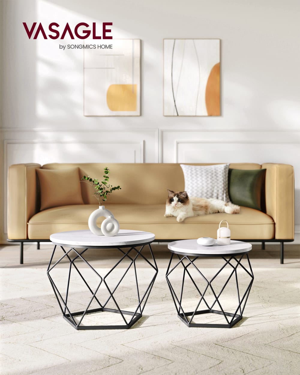VASAGLE Tables basse ronde d'appoint bout de canapé style blanc et noir style contemporain Blanc Panneau De Particules - 60x45x60cm