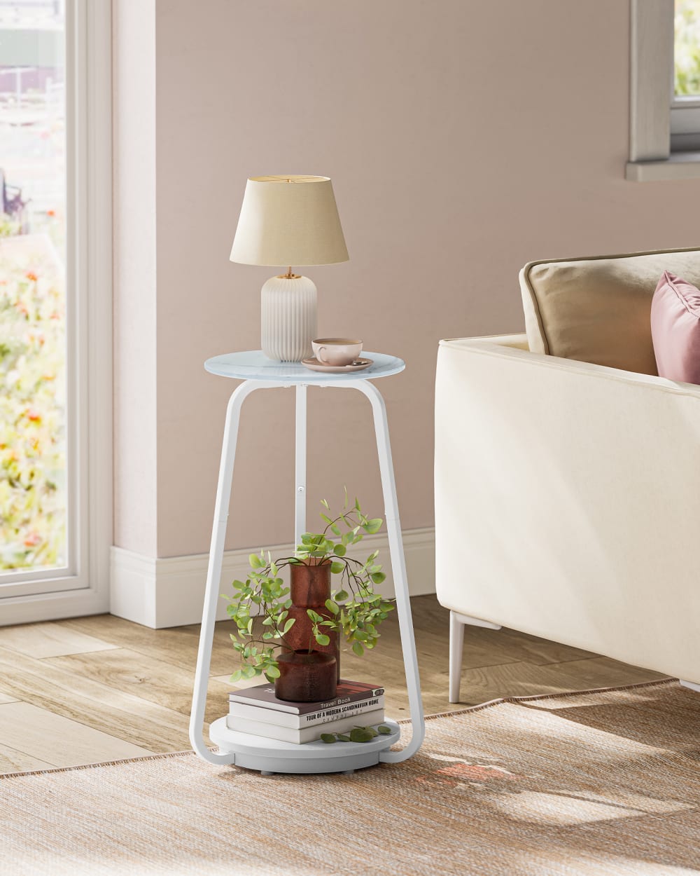 VASAGLE Table d'appoint ronde à 2 étages avec plateau en verre blanc style contemporain Blanc Panneau De Particules - 30x55x30cm