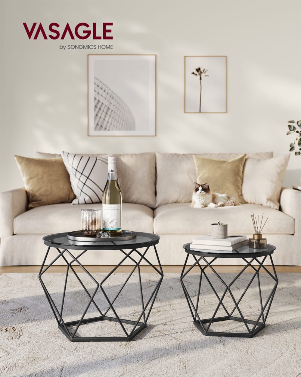 VASAGLE Tables d'appoint bout de canapé style moderne plateau gris et noir style contemporain Noir Verre - 50x40x50cm