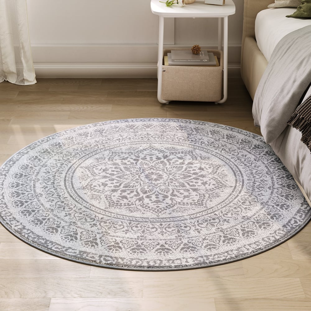 Tapis rond de 120 cm de diamètre style bohème gris tourterelle — vue 3