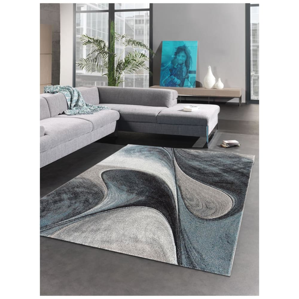 Grand tapis salon tissé motif géométrique doux et soyeux, bleu 280x380
