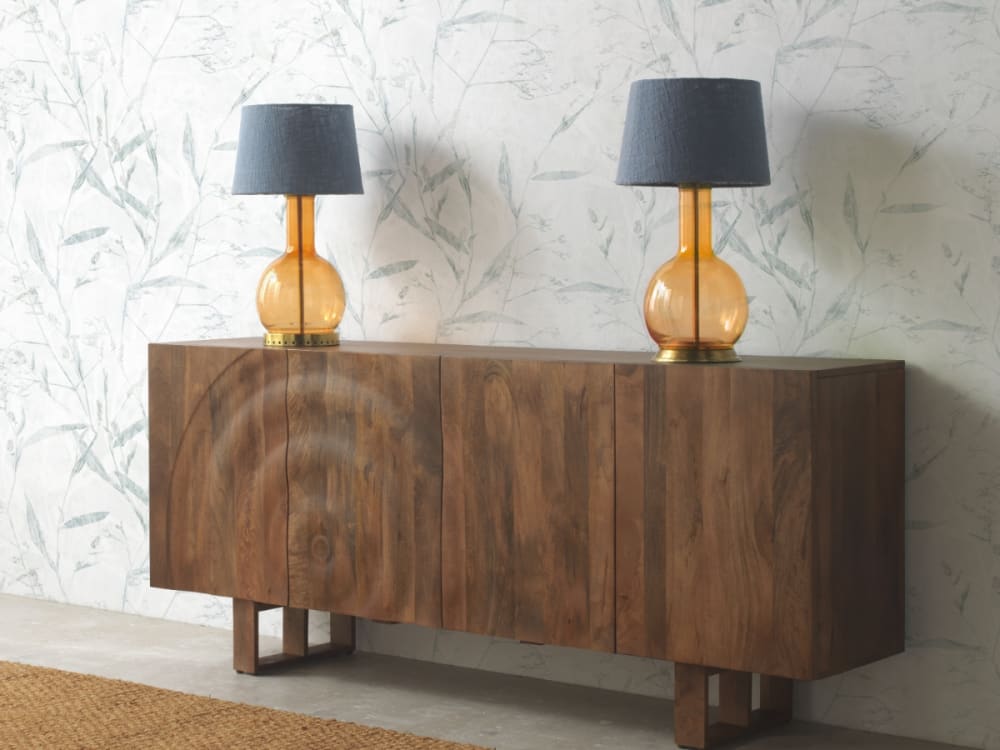 Lampe à poser en verre cristal orange avec abat-jour en coton bleu - Maisons du Monde