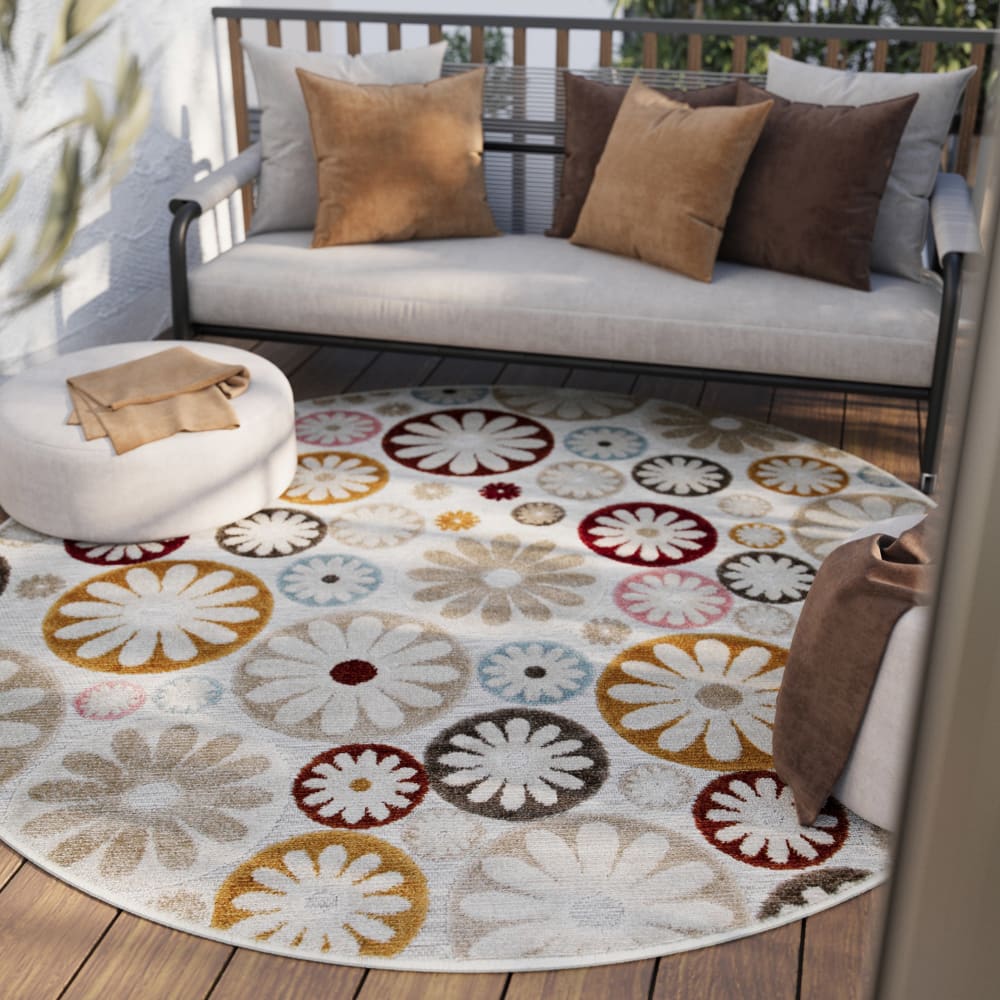 Tapis rond intérieur/extérieur rond bohème motif floral pastel Ø120