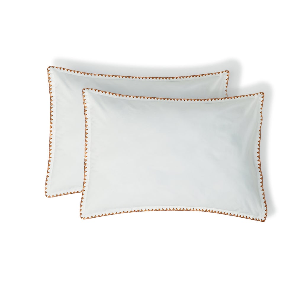Taie d'oreiller (x2) percale de coton blanc & caramel 50x70