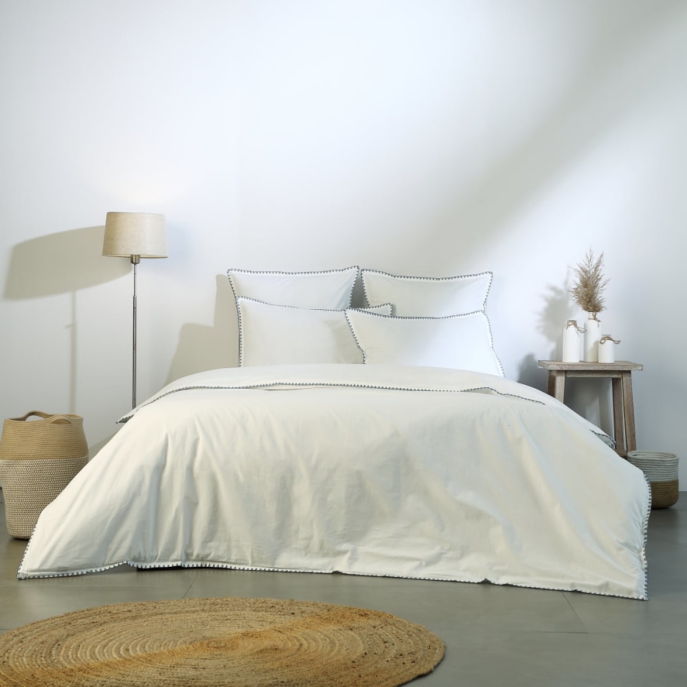 Parure + taies 65x65 percale de coton blanc & denim 240x220